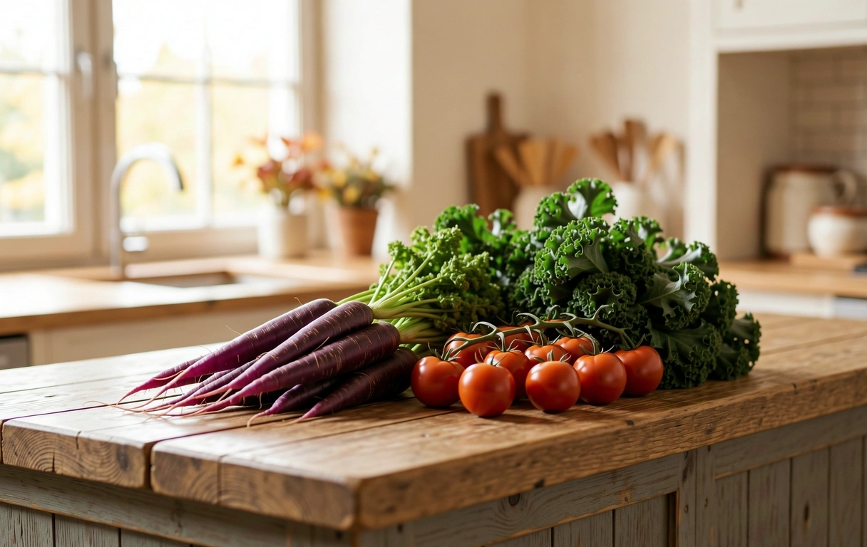 Légumes de saison sur un plan de travail en bois